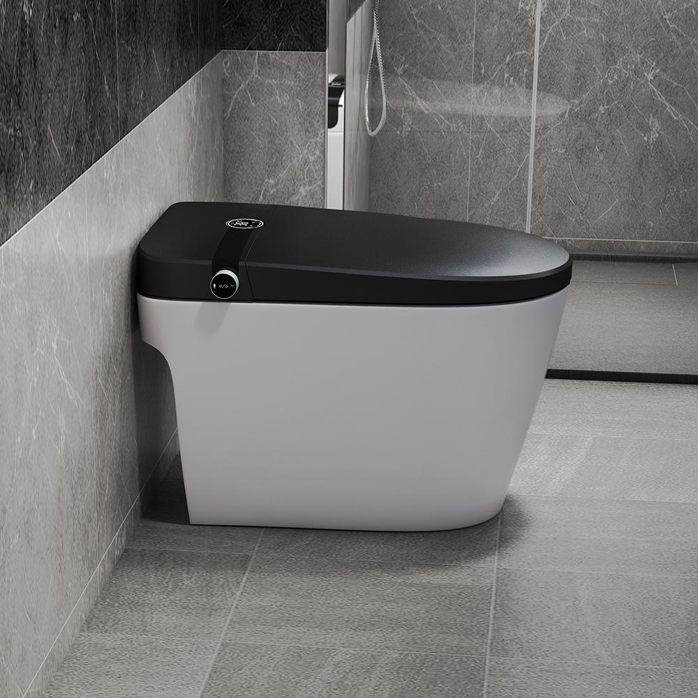 Elongated One-Piece Smart Toilet Floor Mounted Automatic Toilet in Black & Gold Rim