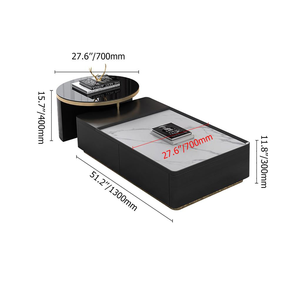 Modern Black Nesting Sintered Stone & Glass Coffee Table with 4 Storage Drawers Set of 2