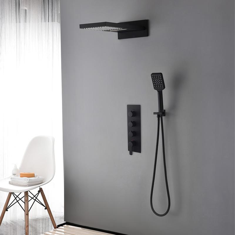 Matte Black Modern Wall Mounted Waterfall Shower System Solid Brass with Handheld Shower