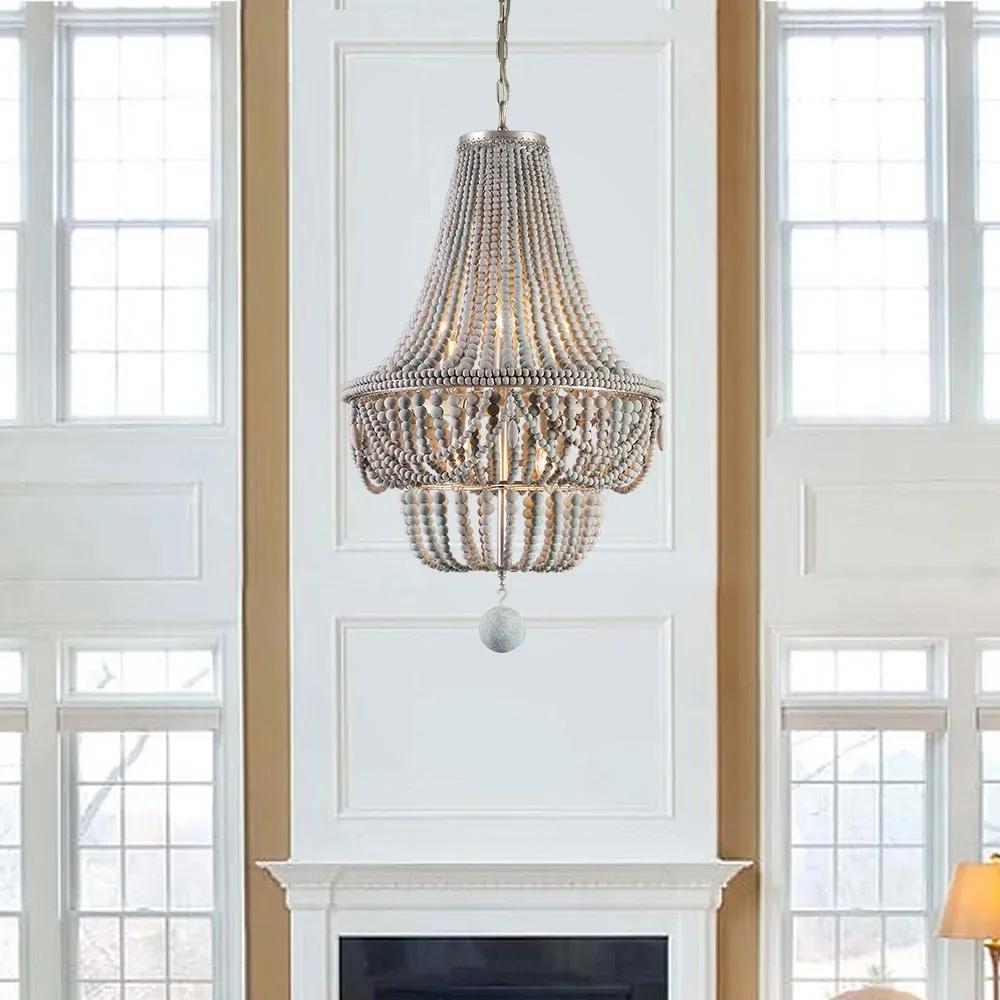 Kesarre Retro Wood Beaded Chandelier Empire Ceiling Light in Gray & Blue