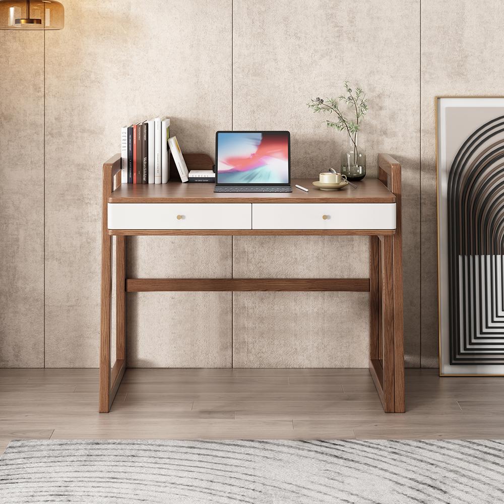 Modern I Shaped Desk Retracted & Extendable Corner Walnut Desk with Storage & 2 Drawers
