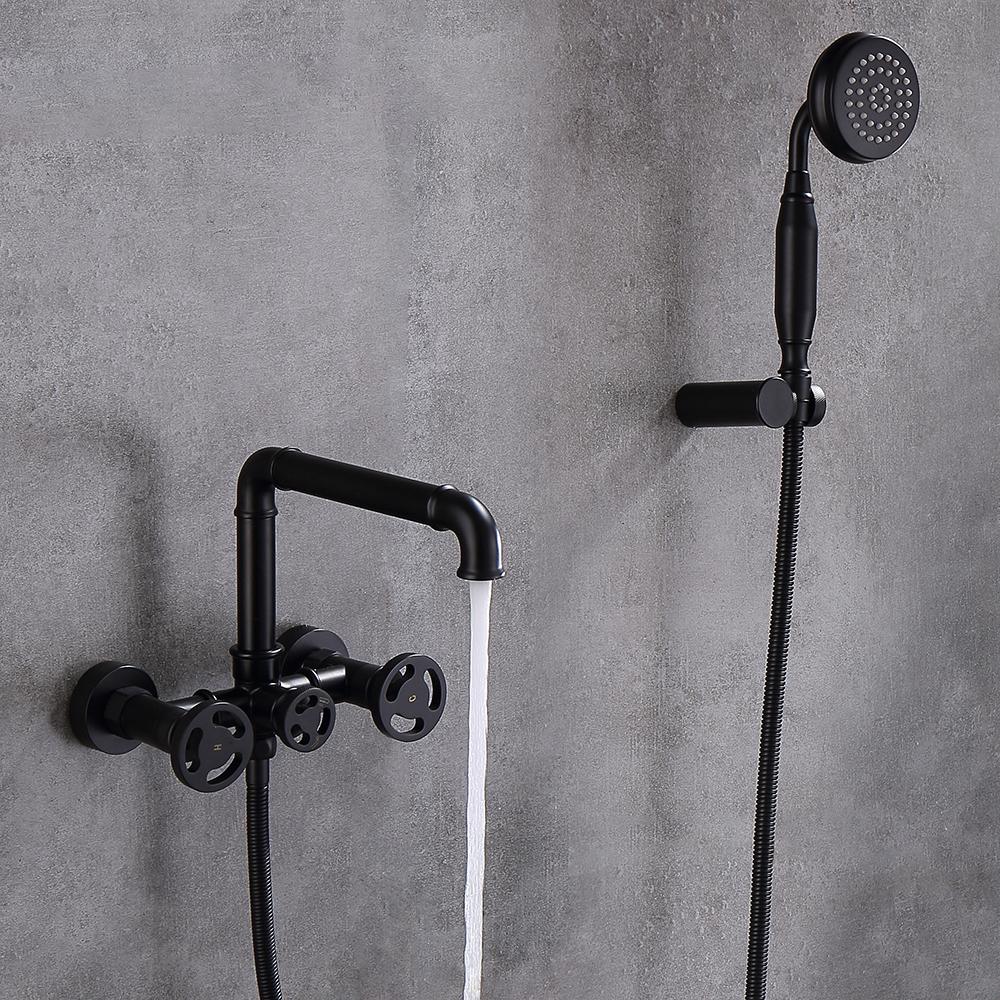 Ruth Industrial Pipe Wall Mounted Bathtub Filler Faucet with Hand Shower Solid Brass