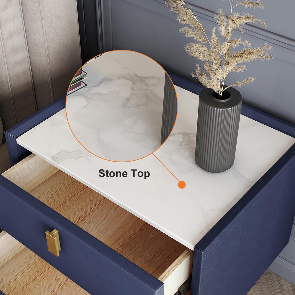 Modern 2 Drawers PU Leather Bedside Table Nightstand with Gold Metal Legs