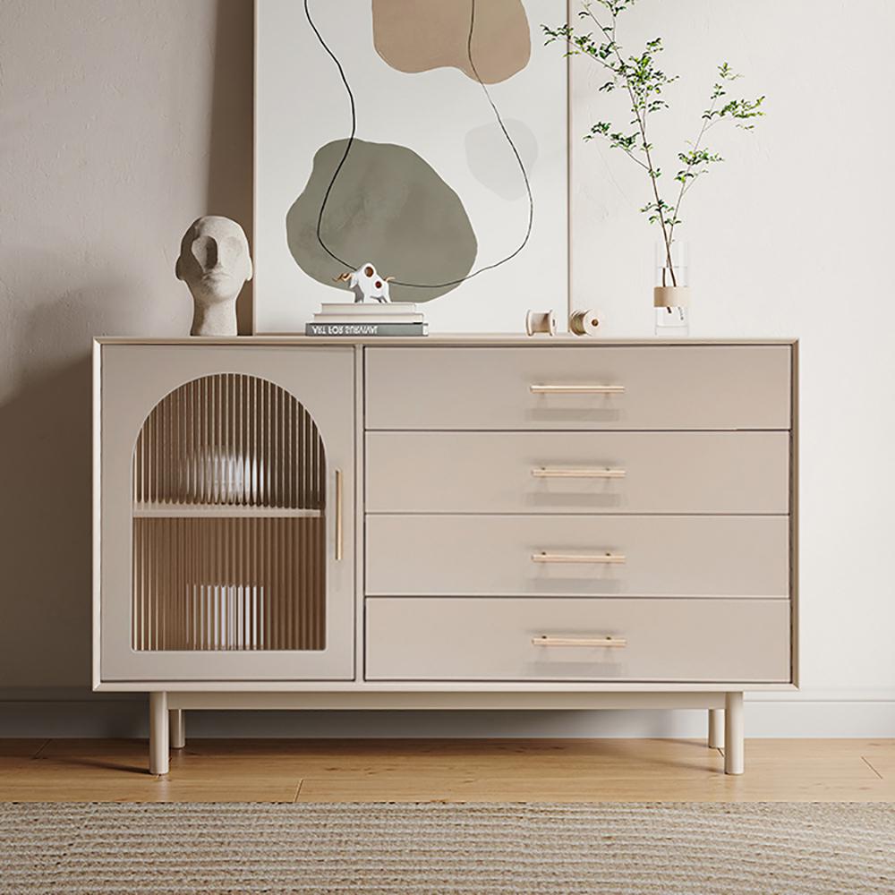 55" Beige Sideboard Buffet with Drawers & Glass Door Storage Cabinet
