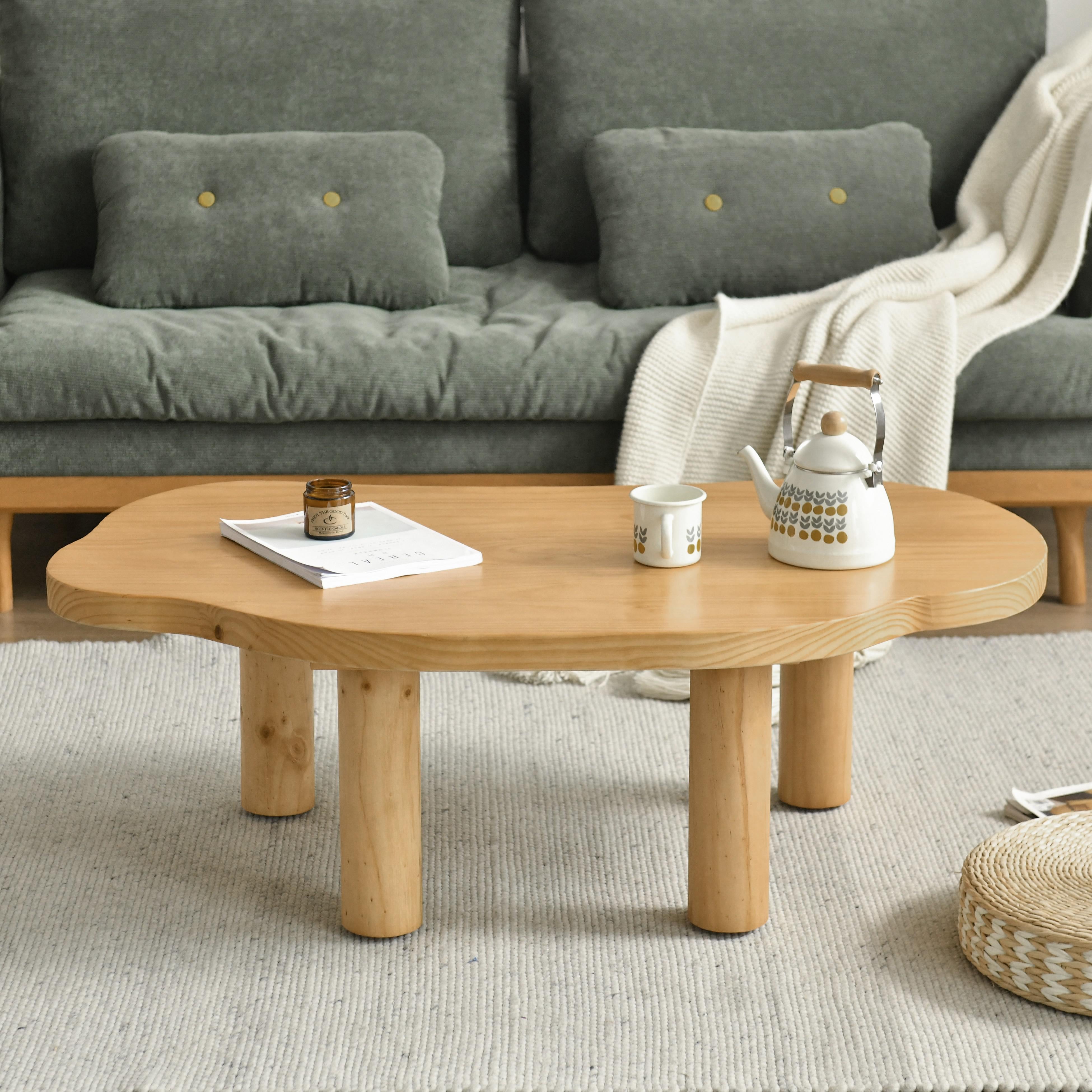 Farmhouse Pine Wood Coffee Table Cloud Shaped in Natural with 4 Legs