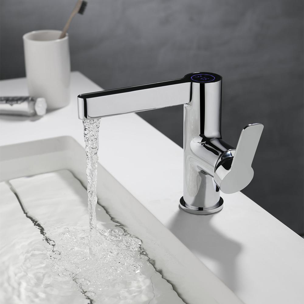 Modern Black Single Hole Bathroom Sink Faucet Intelligence Temperature Digital Display