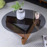 Round Coffee Table in Black & Walnut with Glass Top & Pine Wood Geometric Base