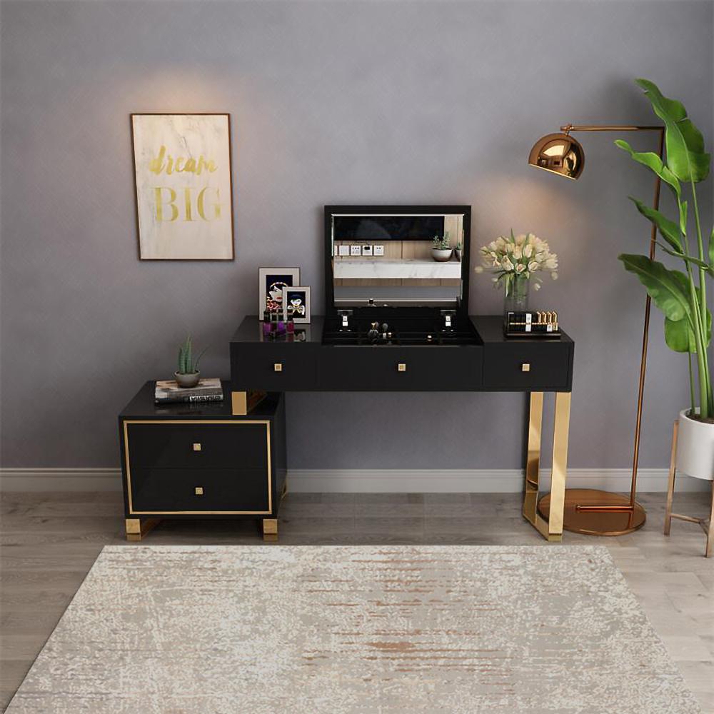 White Makeup Vanity with 4 Drawers Modern Dressing Table with Flip Top Mirror Extendable