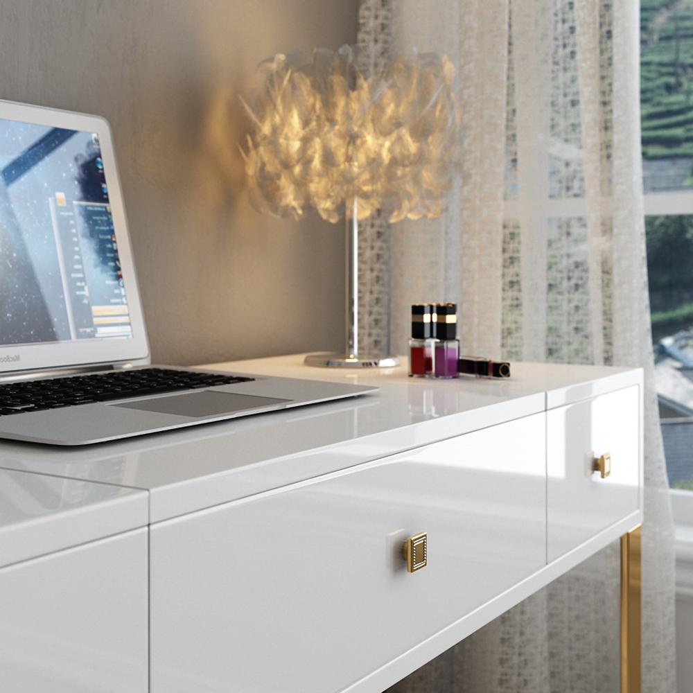 White Makeup Vanity with 4 Drawers Modern Dressing Table with Flip Top Mirror Extendable