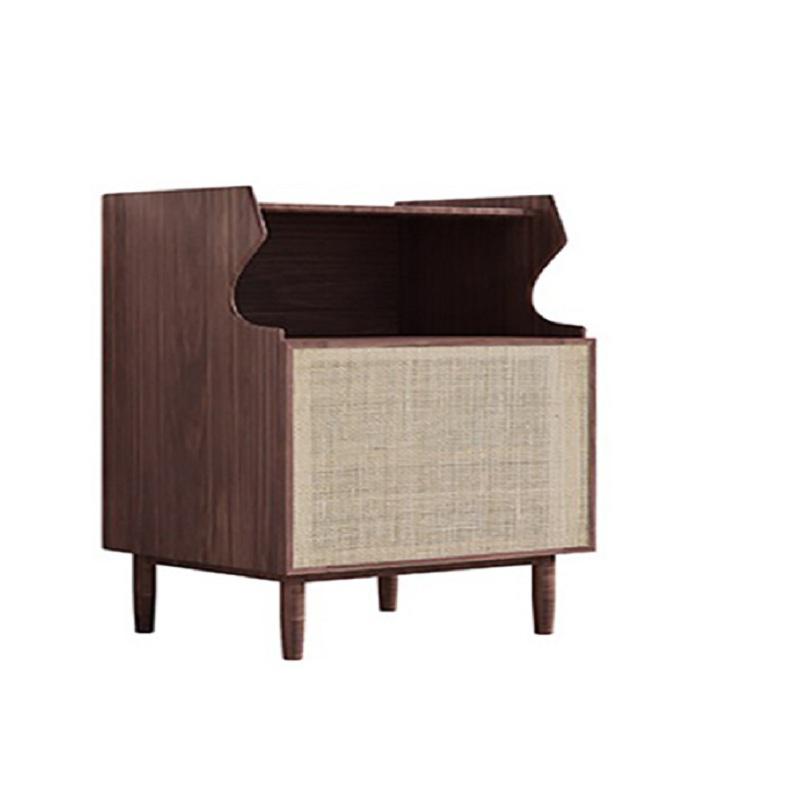 Nordic Nightstand 1-Shelf Wooden Bedside Table with Rattan Woven Door in Natrual