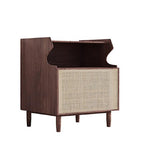 Nordic Nightstand 1-Shelf Wooden Bedside Table with Rattan Woven Door in Natrual