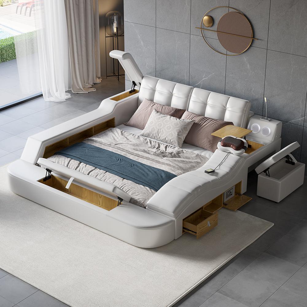 King White Smart Bed Faux Leather Bed with Charger, Massage & Speaker