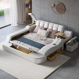 King White Smart Bed Faux Leather Bed with Charger, Massage & Speaker