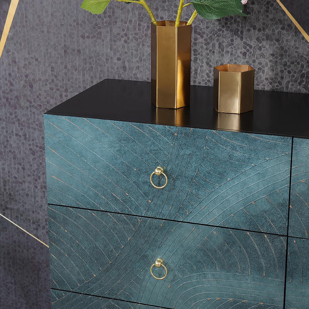 47" Blue-Green Dresser Artistic 6-Drawer Bedroom Cabinet in Gold