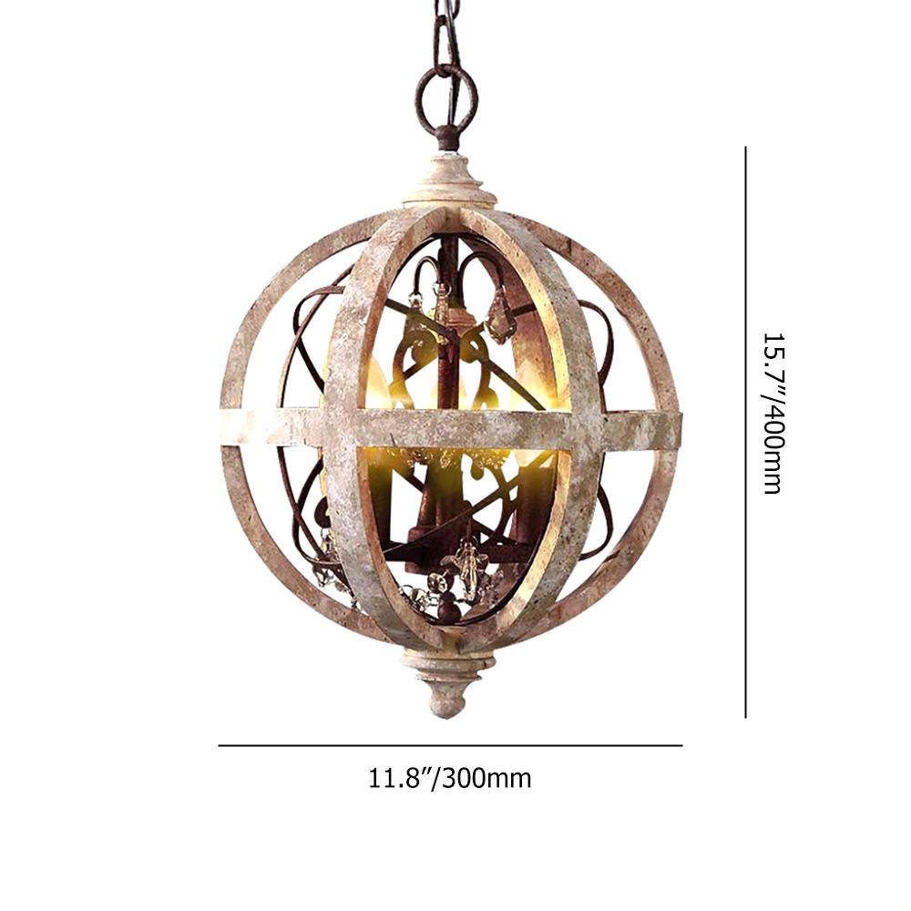 5-Light Retro Globe Weathered Wood Chandelier with Crystal Accents
