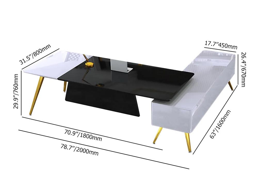 L-Shaped Modern Right Hand Corner Executive Desk with Storage in White & Gold & Black
