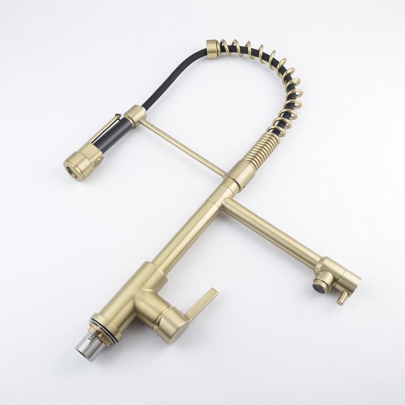 Pull Out Double Spout Kitchen Faucet Brushed Gold Double Function Sprayer Solid Brass