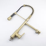 Pull Out Double Spout Kitchen Faucet Brushed Gold Double Function Sprayer Solid Brass