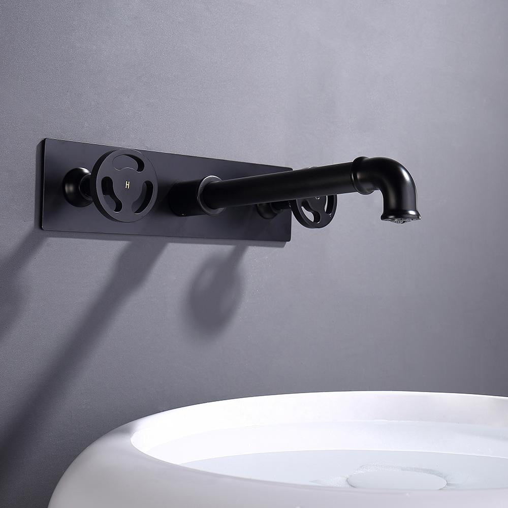 Ruth Industrial Pipe Matte Black Wall Mounted Bathroom Sink Faucet Double Handles Solid Brass