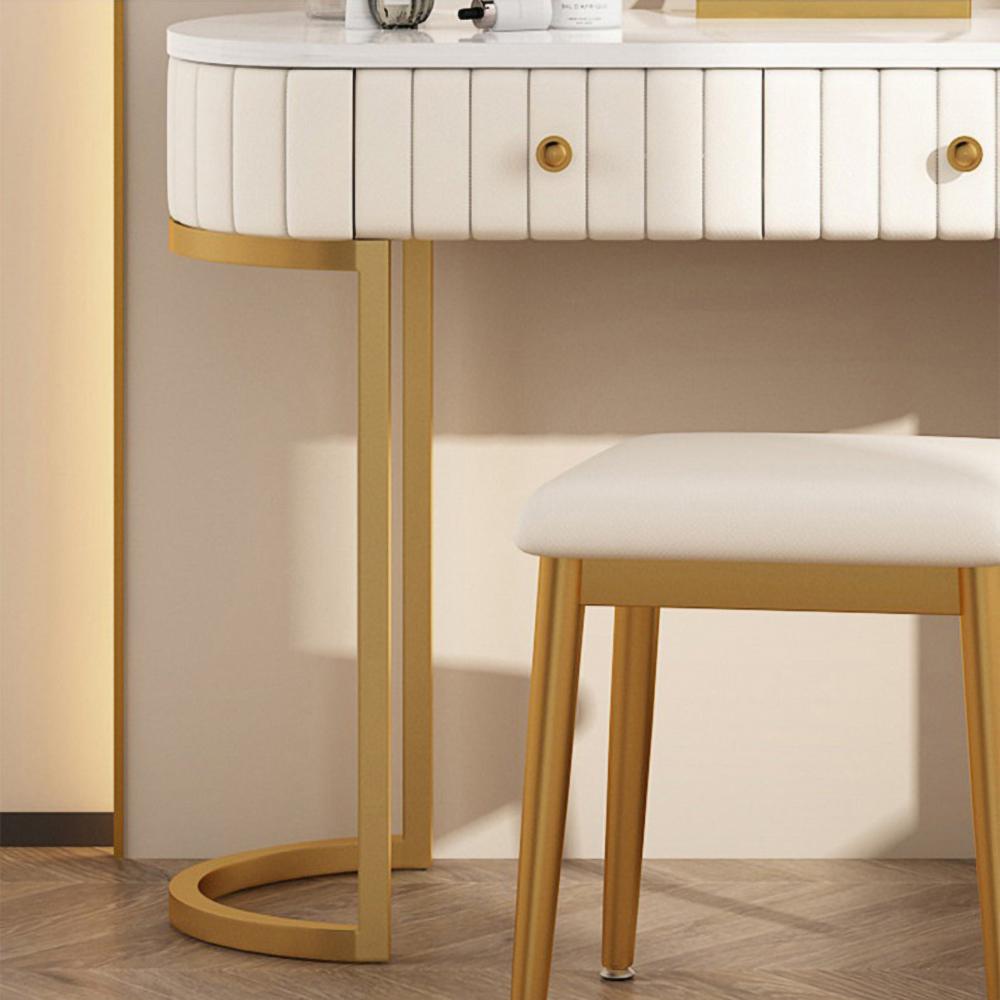 Modern White Makeup Vanity Expandable Upholstered Dressing Table with 5 Drawers in Gold