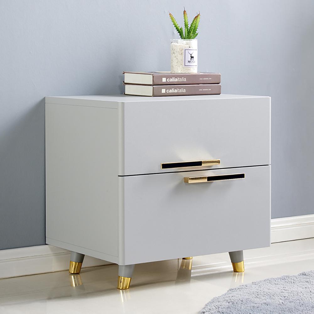 Grayish White Nightstand Modern 2-Drawer Bedside Table Gold Pulls