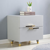 Grayish White Nightstand Modern 2-Drawer Bedside Table Gold Pulls