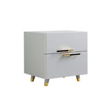 Grayish White Nightstand Modern 2-Drawer Bedside Table Gold Pulls