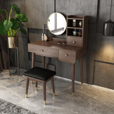 2 Pieces Minimalist Makeup Vanity Set in Walnut with Mirror & Stool