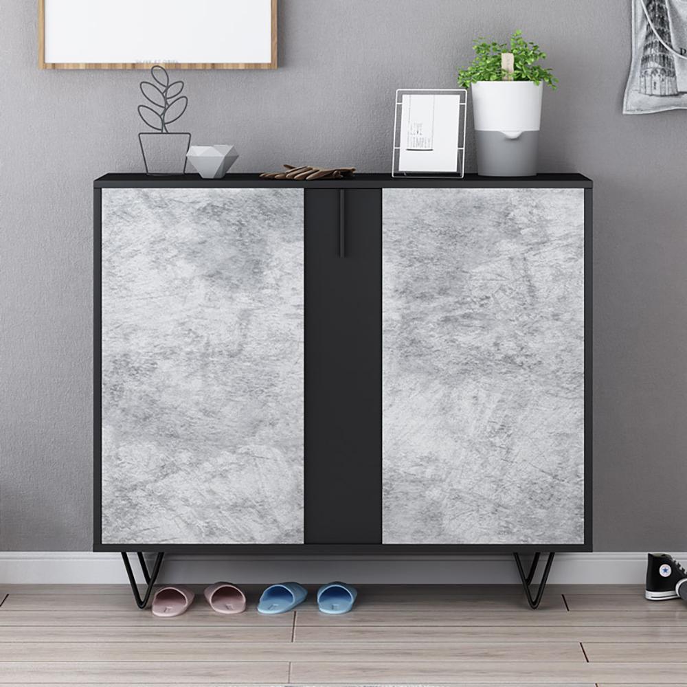 Modern Shoe Cabinet Gray & Black Shoe Organizer with Doors Shelves Drawer in Small