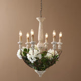 Retro White Scrollwork Distressed Wood 6-Light Candle-Style Chandelier