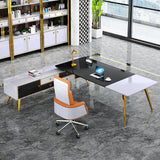 L-Shaped Modern Right Hand Corner Executive Desk with Storage in White & Gold & Black