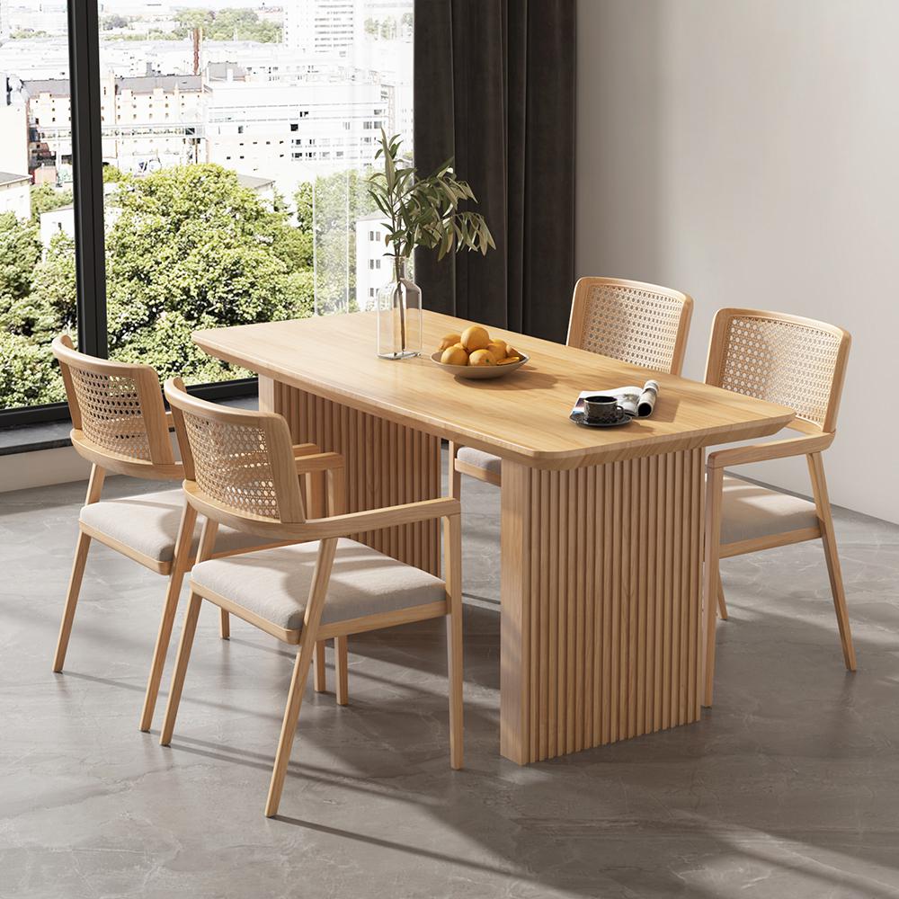 71" Farmhouse Rectangle Dining Table Natural Solid Wood Table for 8 Person Ribbed Leg