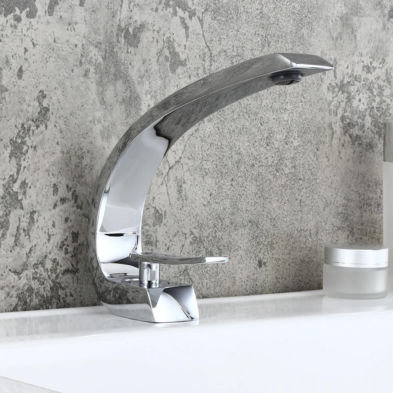 Modern Single Hole 1-Handle C-Shaped Curved Spout Bathroom Sink Faucet with Pop Up Drain in Brushed Nickel