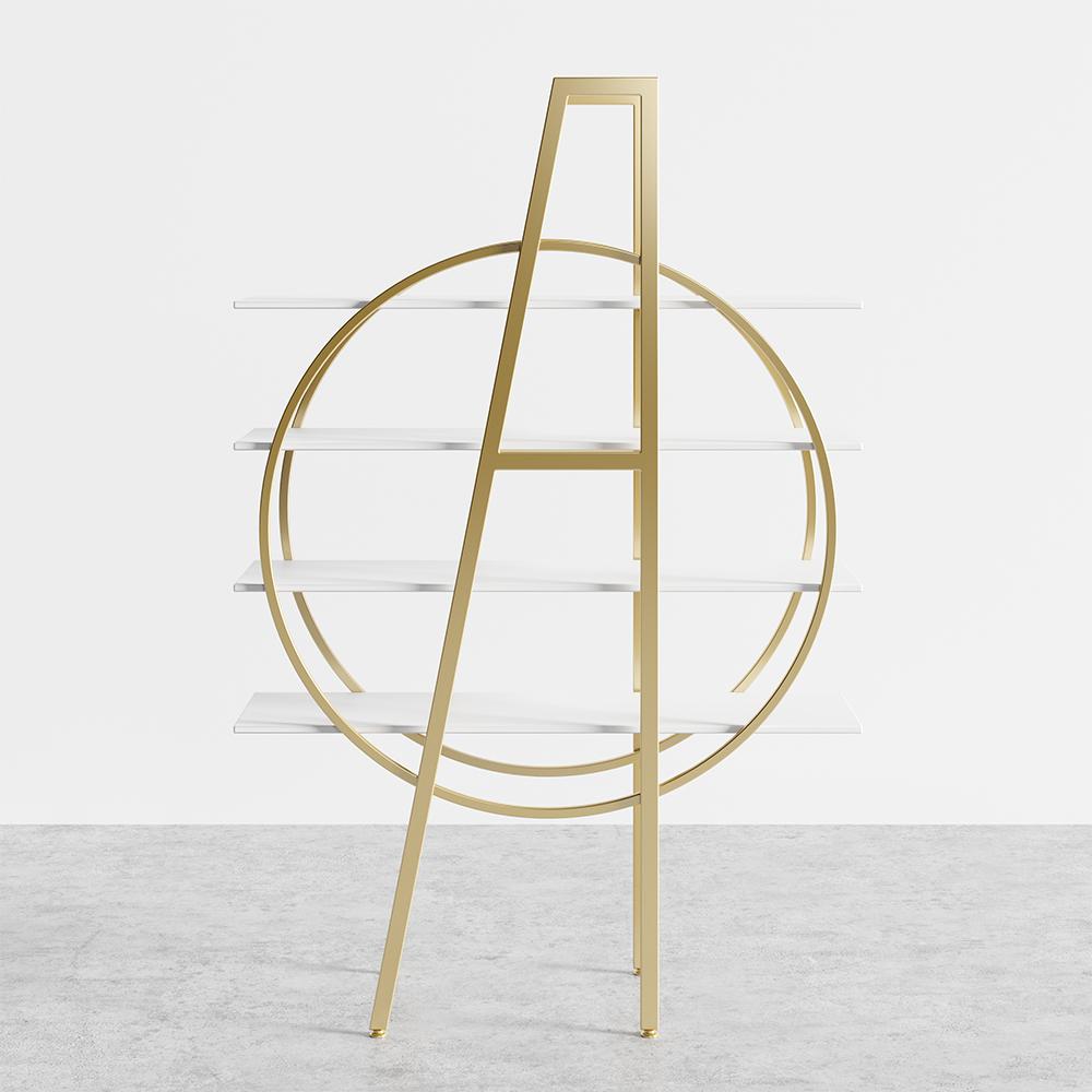 4-Tier Round Open Bookshelf White Display Shelf Gold Frame