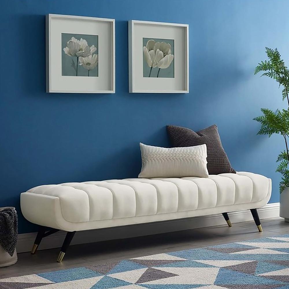 Modern Gray Bedroom Bench Velvet Upholstery Wooden Legs