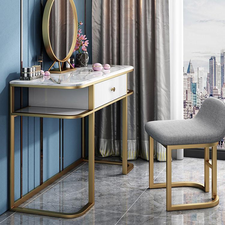 Faux Marble Tabletop Dressing Makeup Table with Mirror & Drawer Chair Included Metal Base in Gold Small