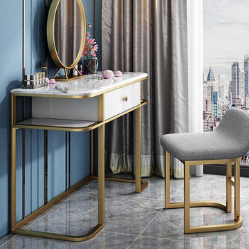 Faux Marble Tabletop Dressing Makeup Table with Mirror & Drawer Chair Included Metal Base in Gold Small