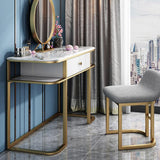 Faux Marble Tabletop Dressing Makeup Table with Mirror & Drawer Chair Included Metal Base in Gold Small