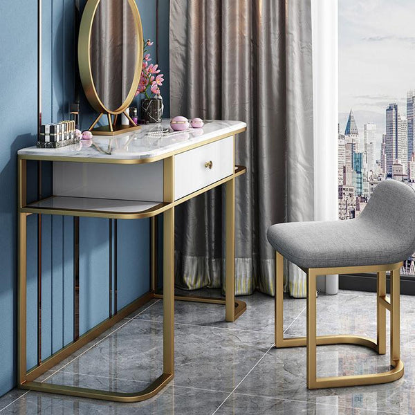 Faux Marble Tabletop Dressing Makeup Table with Mirror & Drawer Chair  Included Metal Base in Gold Small