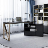 Modern 63" Black L-Shaped Desk Corner Computer Desk with Cabinet & Rich Storage in Gold