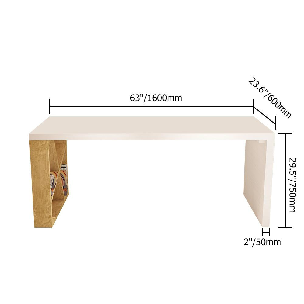 Modern White and Natural Rectangular Writing Desk with Shelves