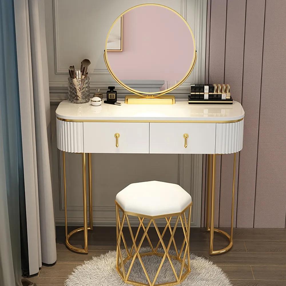 Nordic White Oval Glossy Makeup Vanity with 2 Drawers & Rotatable Mirror & Stool