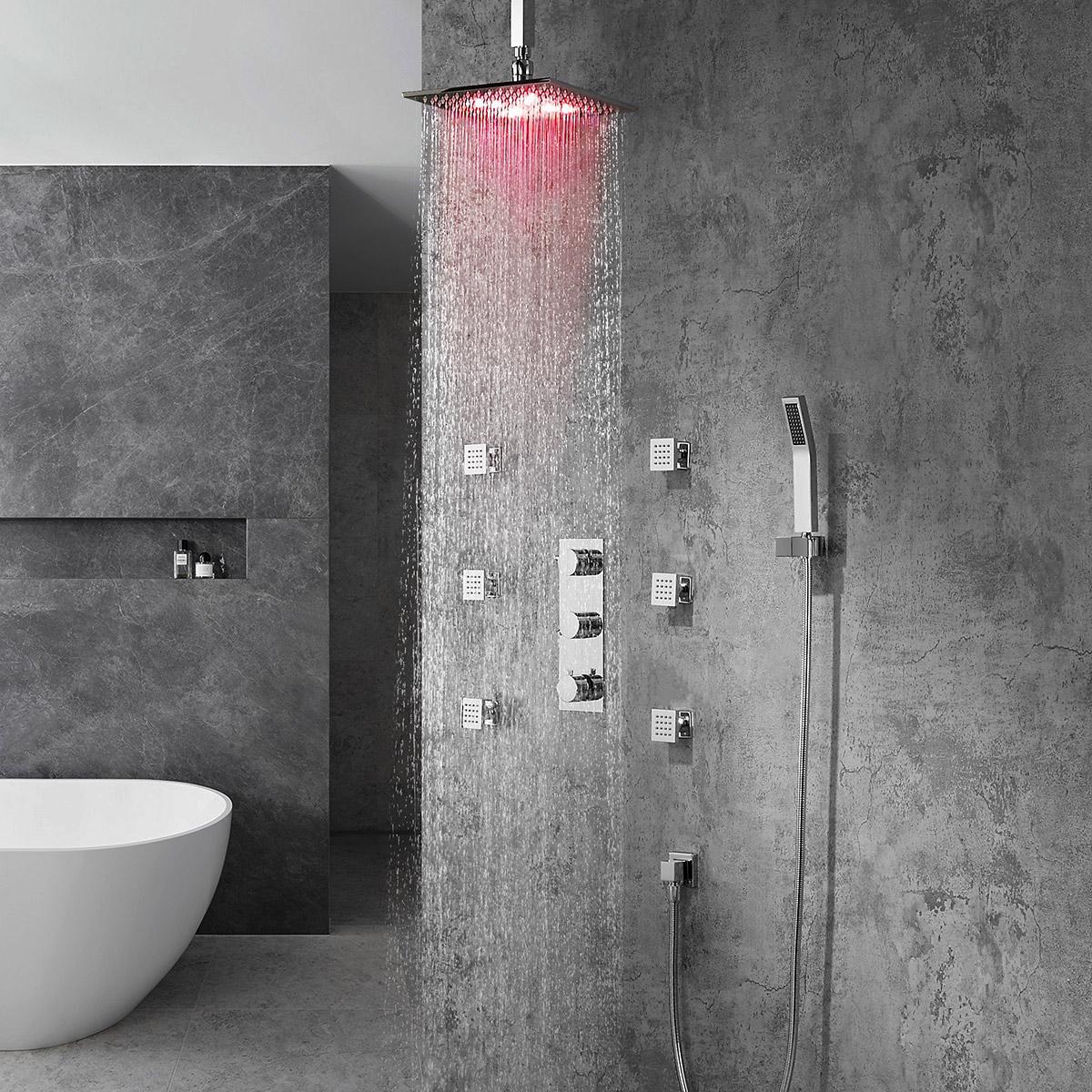 Modern Ceiling Mounted LED 12" Rain Shower System with Handheld Shower & 6 Body Sprays