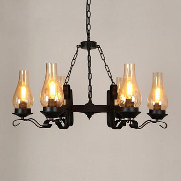 Massie Vintage Chimney Glass Shade Lámpara de araña de 6 luces Rueda de carro de metal negro