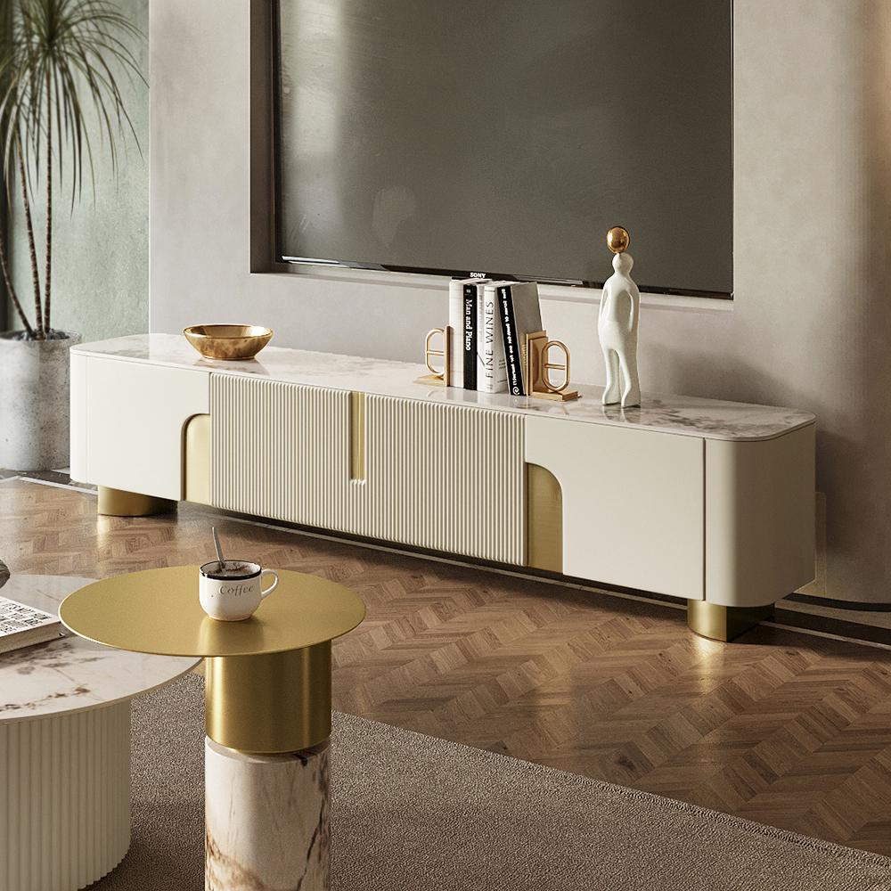 Modern Beige TV Stand Sintered Stone 4 Doors with Storage Media Console for TV up to 85"