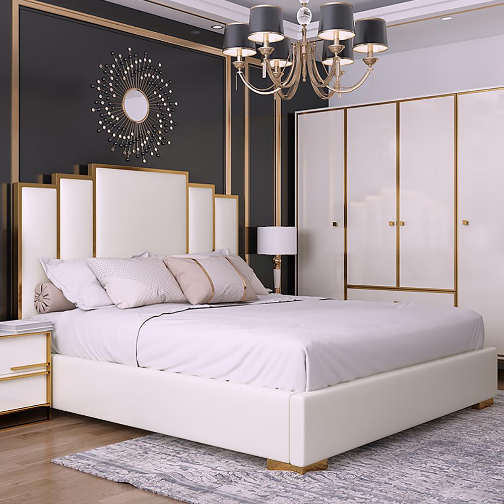 White Platform Bed Faux Leather Cal King Bed with Geometric Upholstered Headboard