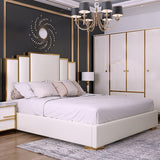 White Platform Bed Faux Leather Cal King Bed with Geometric Upholstered Headboard