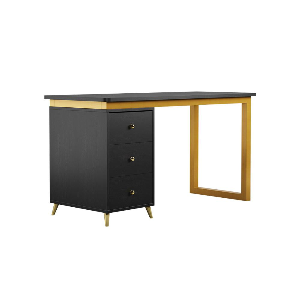 Modern 55" Wooden Home Office White Computer Desk with 3 Drawers & Side Cabinet in Gold