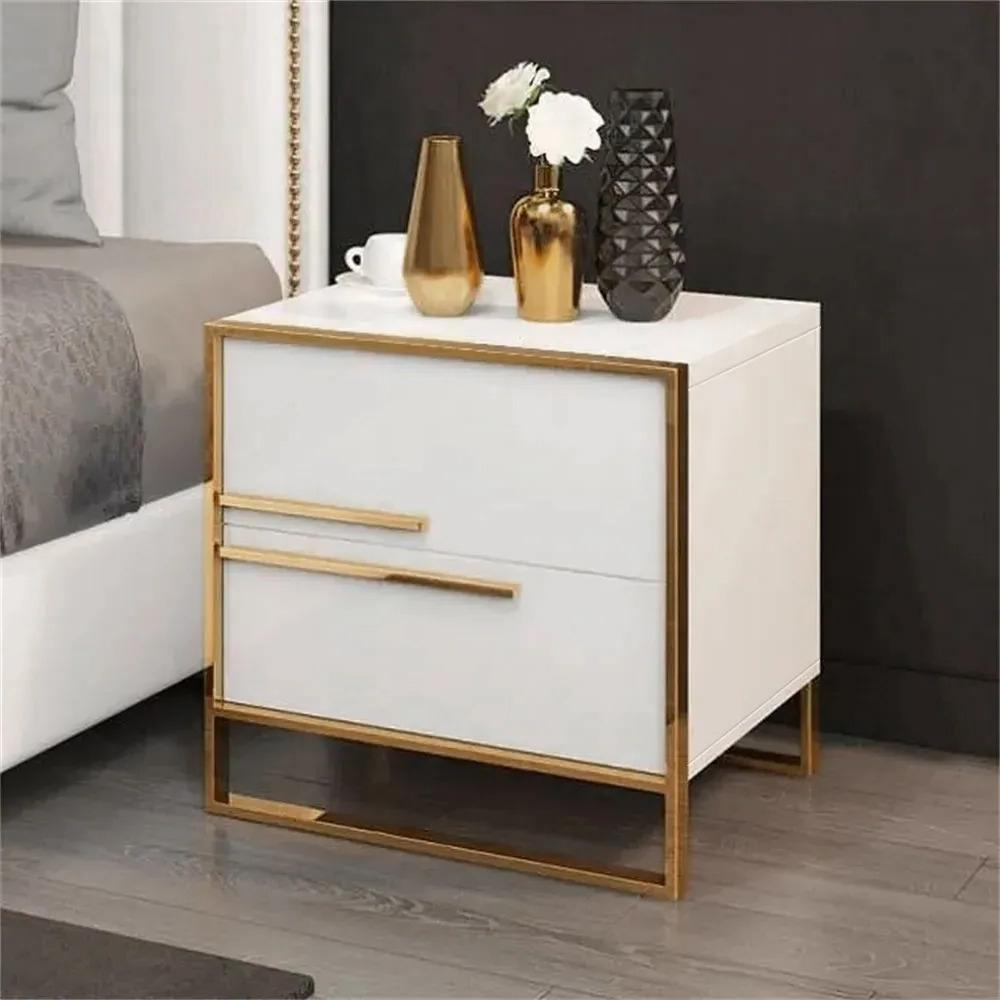 Modern 2 Drawers Black Lacquer Nightstand in Gold