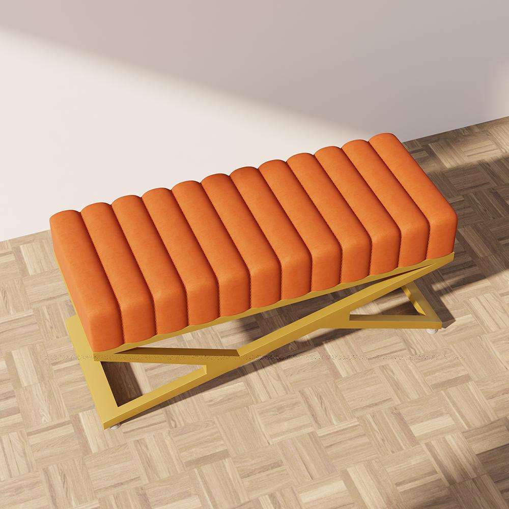 Modern Entryway Bench Gray Velvet Upholstered Ottoman Bench in Gold